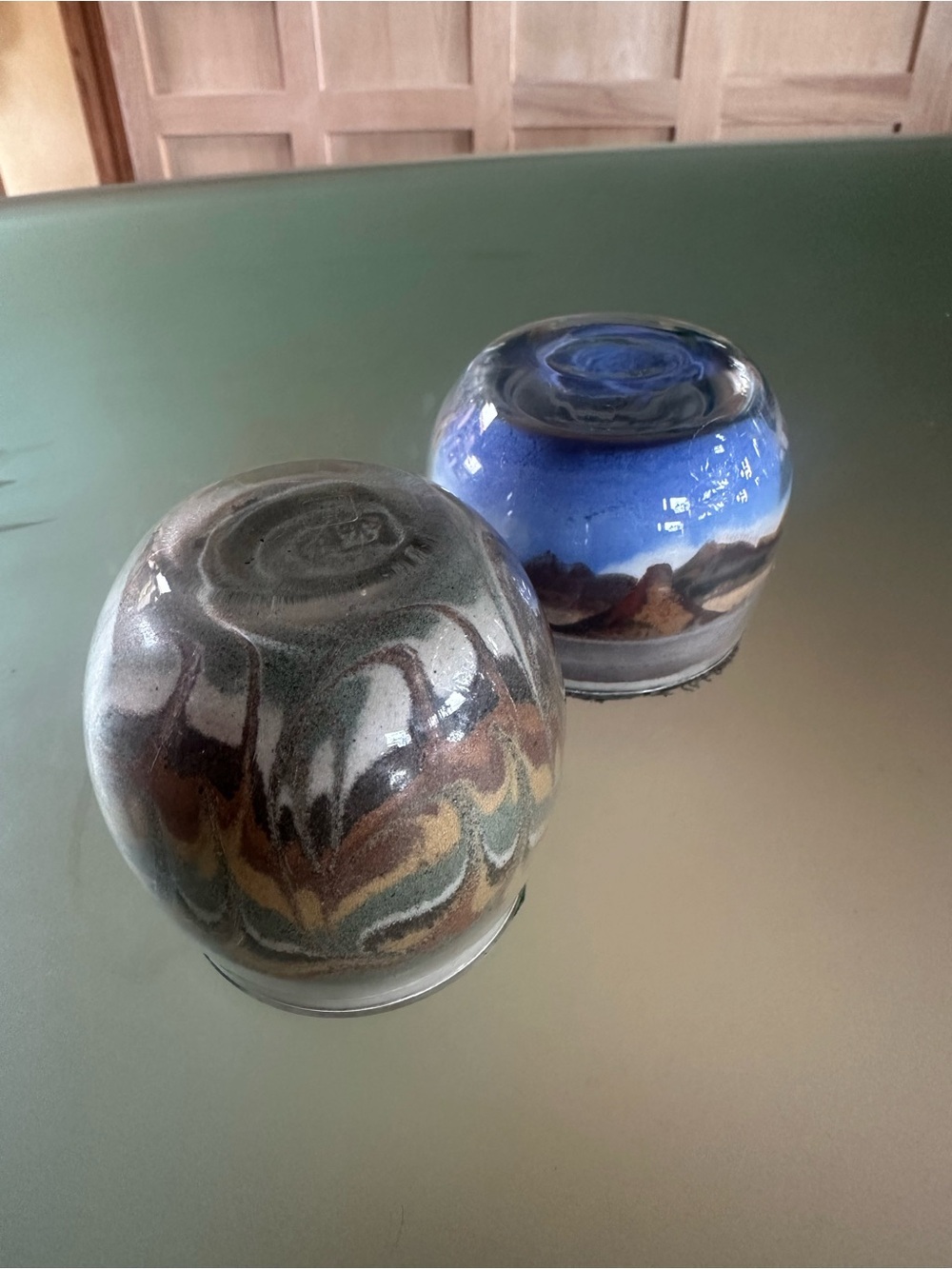 Vintage Sand Art Paperweights in Blue and Earth Tones